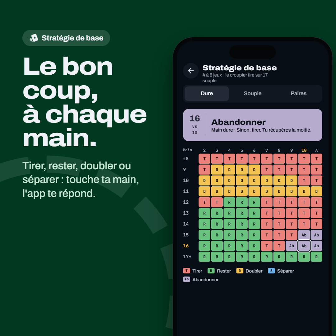 Écran de l’app GOB : Stratégie blackjack