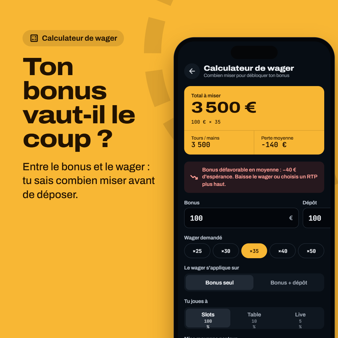 Écran de l’app GOB : Calculateur de wager